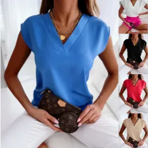 V Neck Sleeveless Women Shirts Pullover Blouses Solid Blouse Spliced Loose Fit Sexy Casual Shirt Slight Strech Autumn 2025